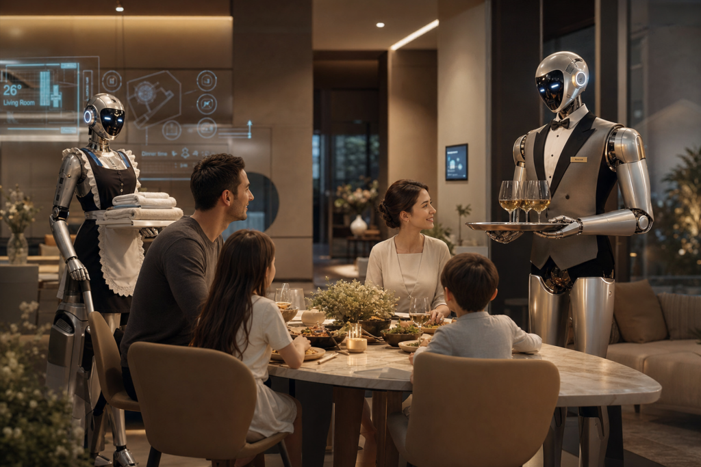 A domestic robot family serving a home — butler, maid, and companion bots in a warm living room